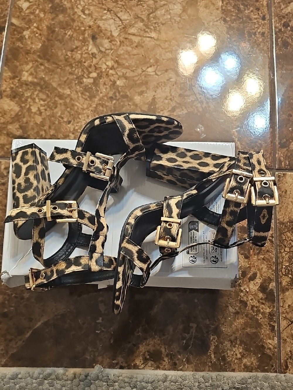 Leopard Print Block Heel Sandals with Gold Buckles